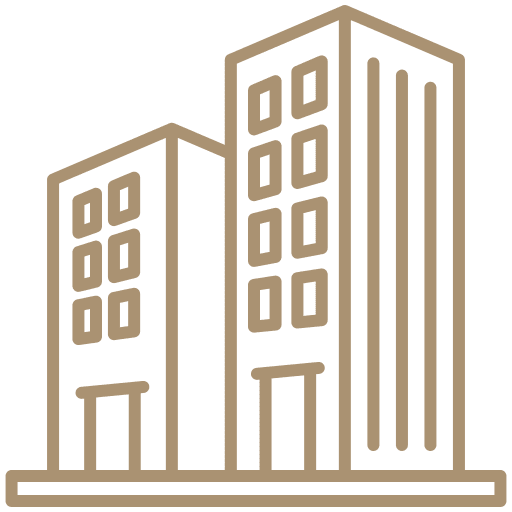 Icon of two high-rise buildings. The structure on the left is shorter with four windows, while the one on the right is taller with six windows. Both buildings have prominent entrances and outlines emphasized using bold lines.