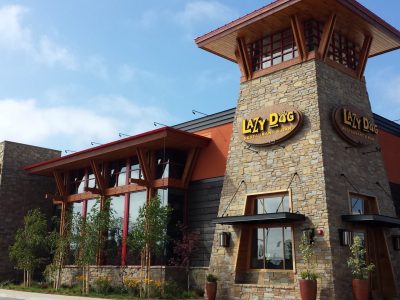 Exterior view of a Lazy Dog Restaurant & Bar with a stone facade and large windows. The restaurant's name is displayed prominently on the building, and there are small landscaped plants in front. The sky is clear with a few clouds.